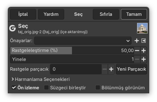 “Seç” süzgeci seçenekleri