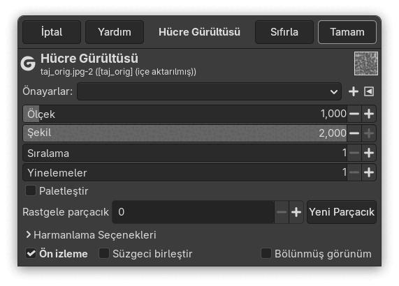 “Hücre Gürültüsü” süzgeci seçenekleri