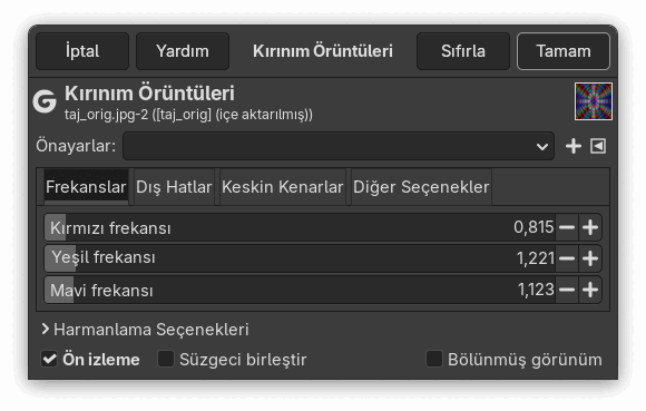 “Kırınım Örüntüleri” süzgeci seçenekleri