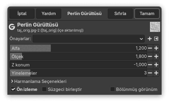 “Perlin Gürültüsü” süzgeci seçenekleri