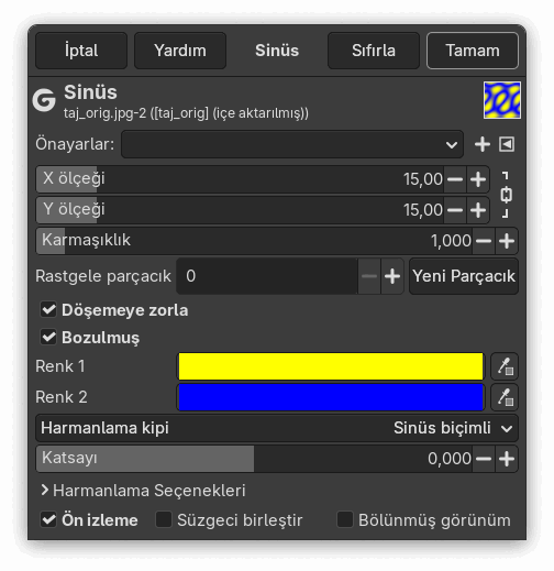 “Sinüs” süzgeci seçenekleri (Ayarlar)
