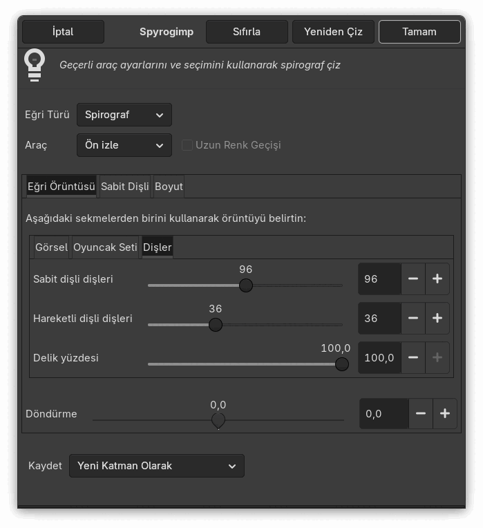 “Spyrogimp” süzgeci seçenekleri