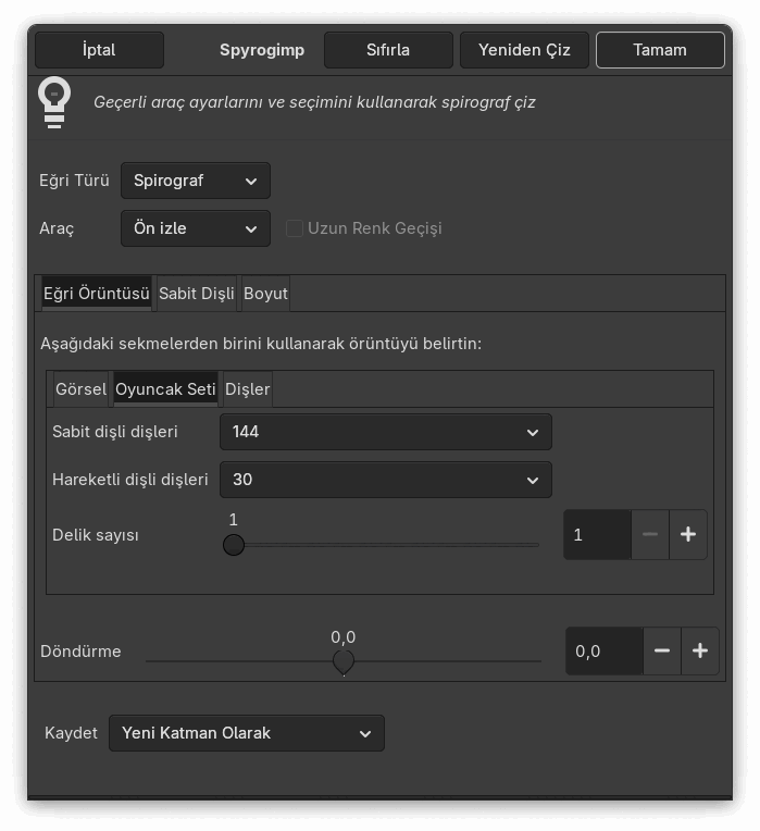 “Spyrogimp” süzgeci seçenekleri (Eğri Örüntüsü)