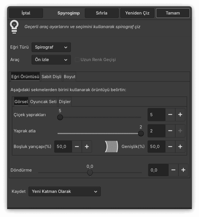 “Spyrogimp” süzgeci seçenekleri (Eğri Örüntüsü)