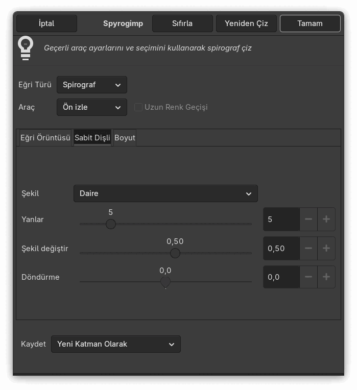“Spyrogimp” süzgeci seçenekleri (Sabit Dişli)