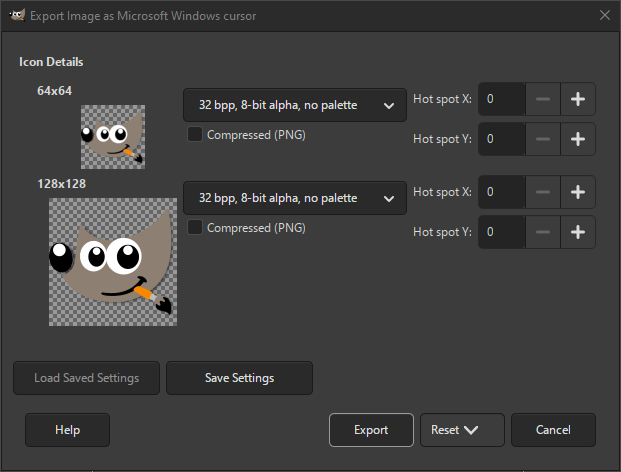 Вікно експортування до курсора Microsoft Windows