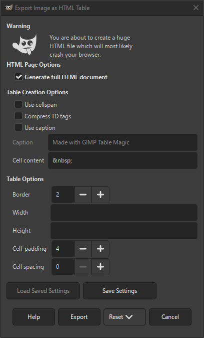 Вікно експортування до таблиці HTML