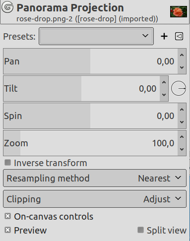 „Panorama Projection“ filter options