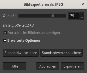 Dialog »Bild als JPEG exportieren« mit Qualität 75