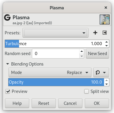 Opciones del filtro “Plasma”