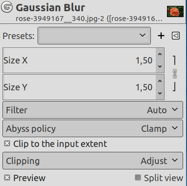 ”Gaussian” suotimen parametrien asetukset