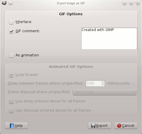 Het dialoogvenster Afbeelding exporteren als GIF