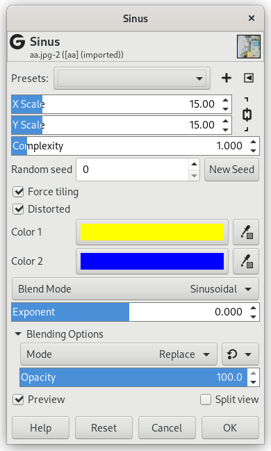 „Sinus” filter options (Settings)