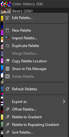 The «Palettes» context menu